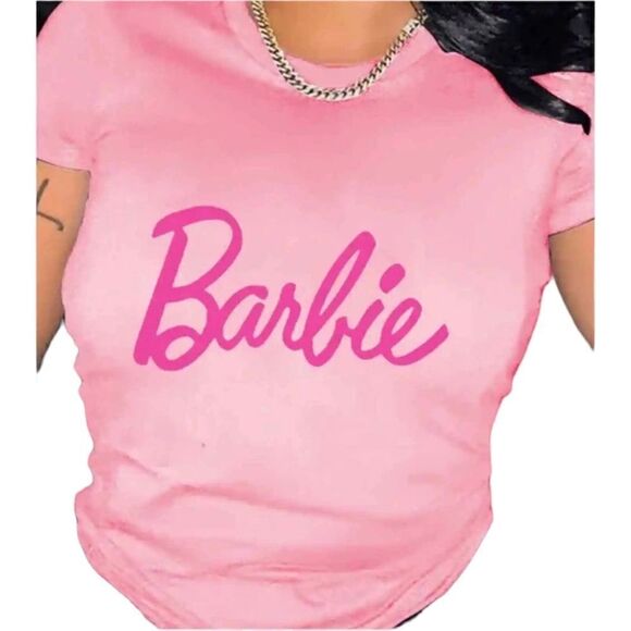 Barbie Pink Fuchsia Name Plate Short Sleeve T- Shirt - Picture 1 of 7